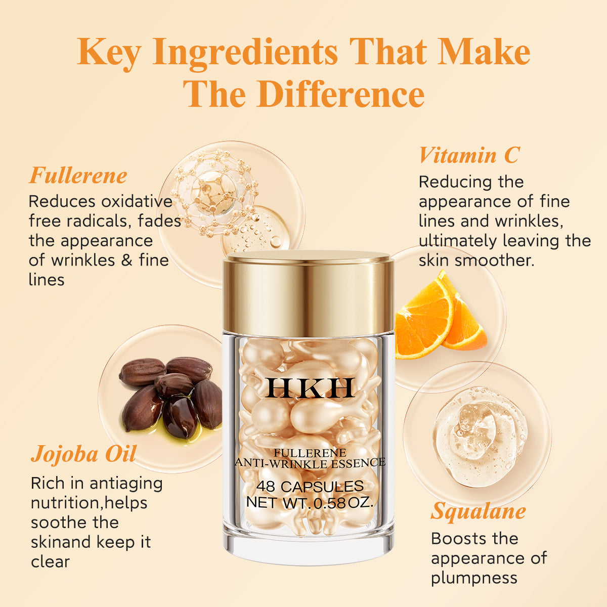 Suero de Vitamina C HKH para la Cara: 48 Cápsulas Suero Reparador de Arrugas Anti-Envejecimiento con Retinol - Aceite de Vitamina E y Niacinamida para Mujeres - Cuidado Profundo Diario de la Piel para Alisar, Hidratar y Iluminar Líneas Finas